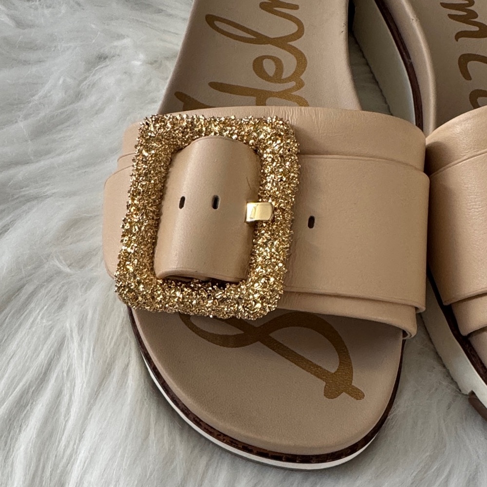 Sam Edelman Ariane Natural Slide Sandals with Glittering Gold Buckles size 7.5 - Picture 4 of 13